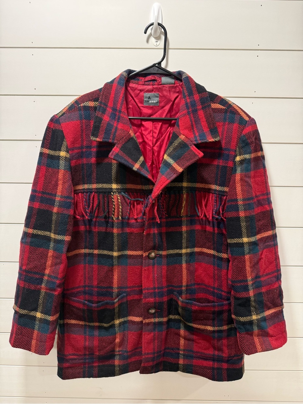 Women's Red Plaid Fringe Wool-Blend Jacket